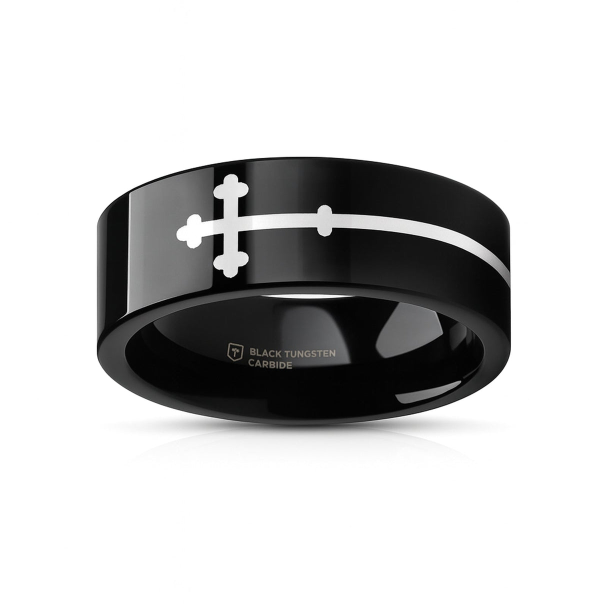 SIDEWAYS CROSS on Black Flat Tungsten Carbide Ring
