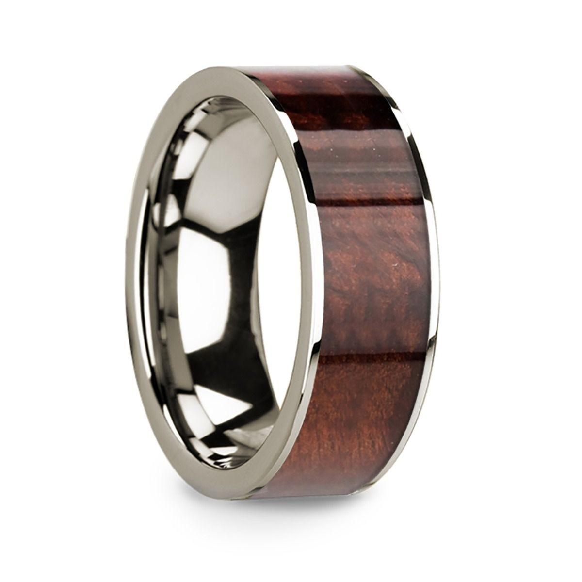 Polished 14k White Gold W/ Redwood Inlay - 8mm