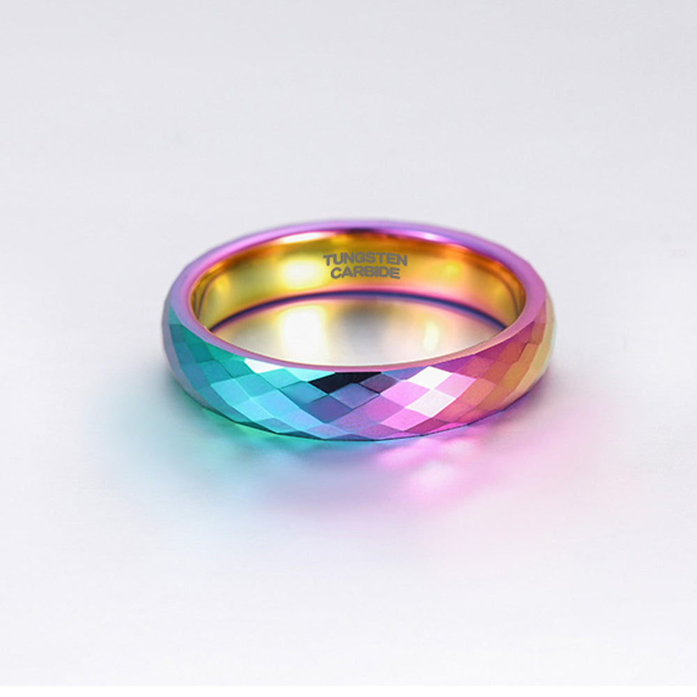 Rainbow Hammered Tungsten Wedding Ring Domed Polished Wedding Band, Tungsten Wedding Band, Comfort Fit Ring- 4mm