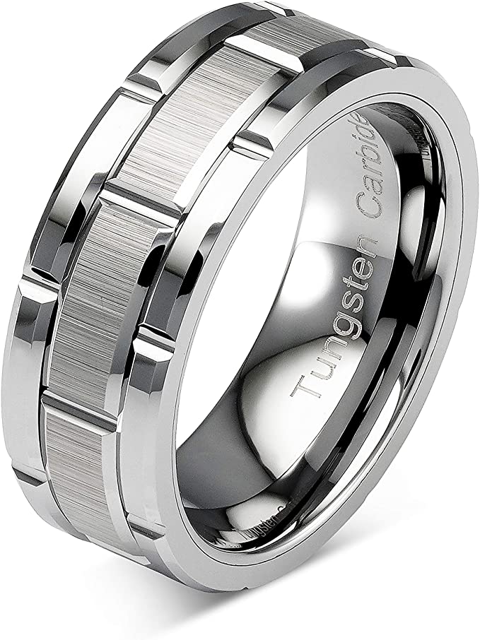 Silver Tungsten Ring With Brick Pattern Brushed Center -8mm