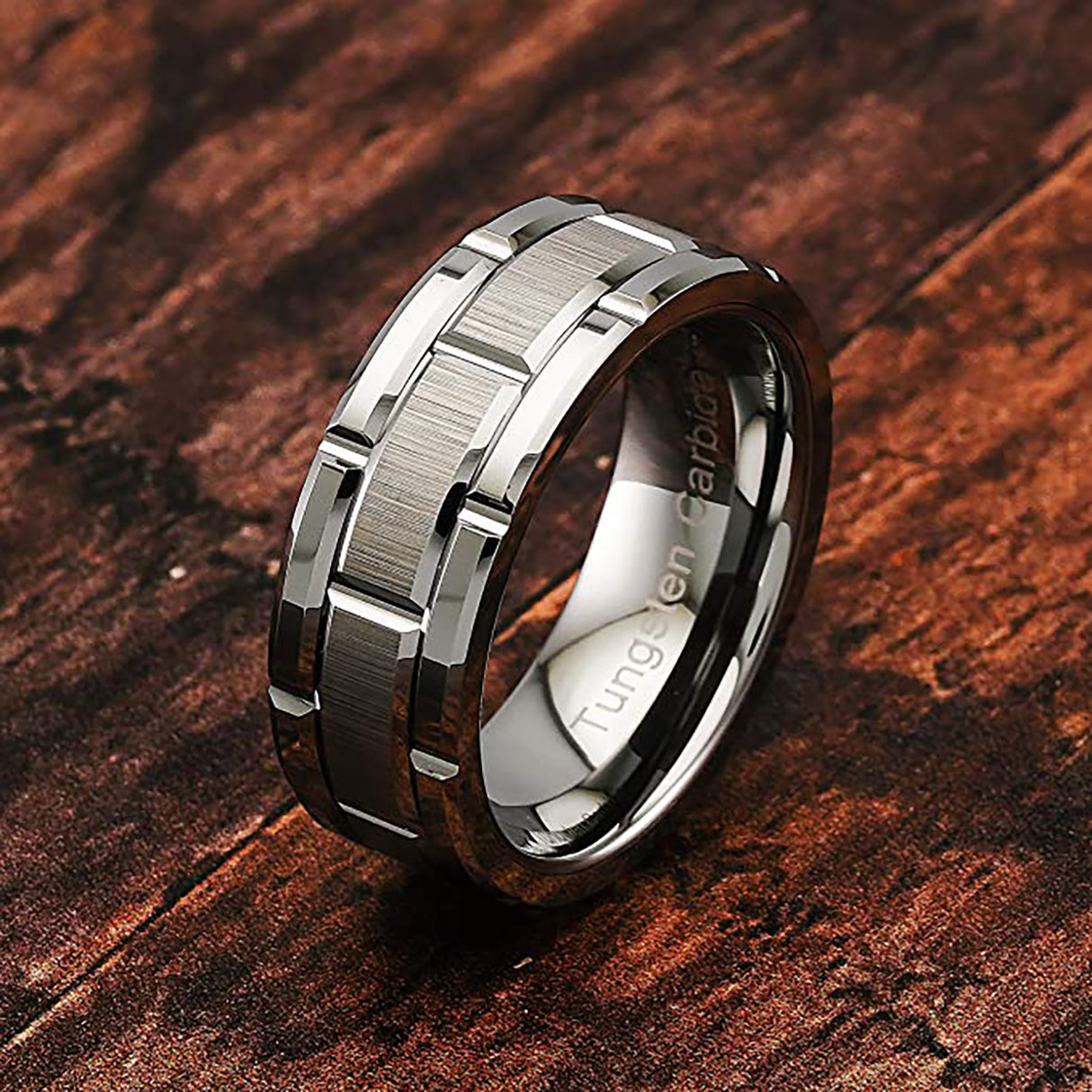 Silver Tungsten Ring With Brick Pattern Brushed Center -8mm