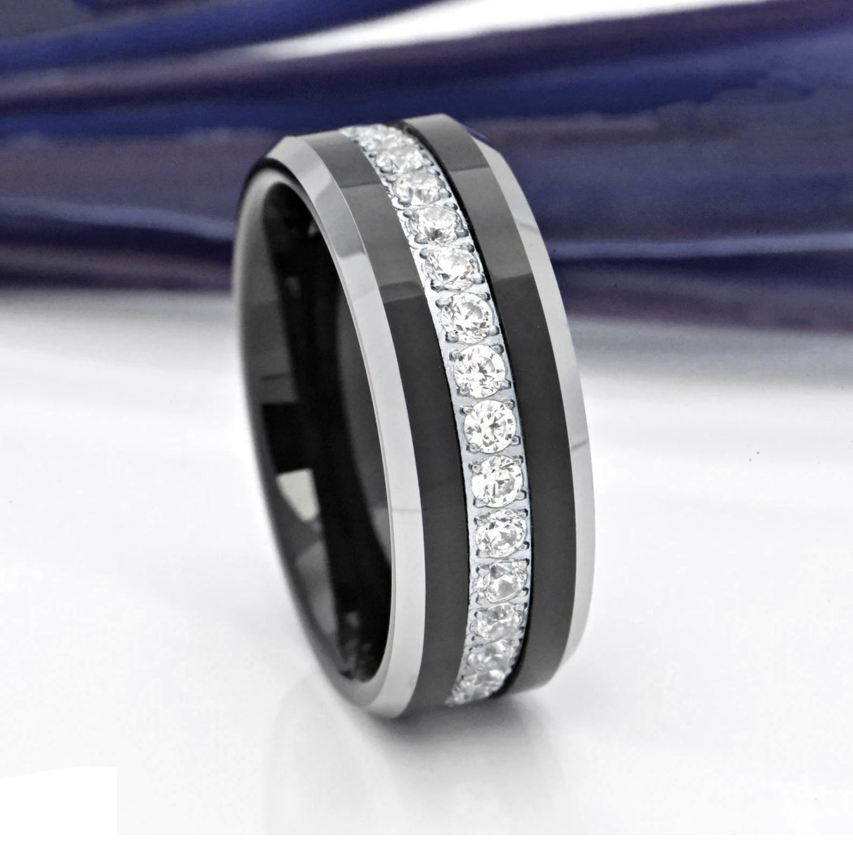 8MM - TUNGSTEN WEDDING BAND Polished Edges CUBIC ZIRCON BEVELED EDGE