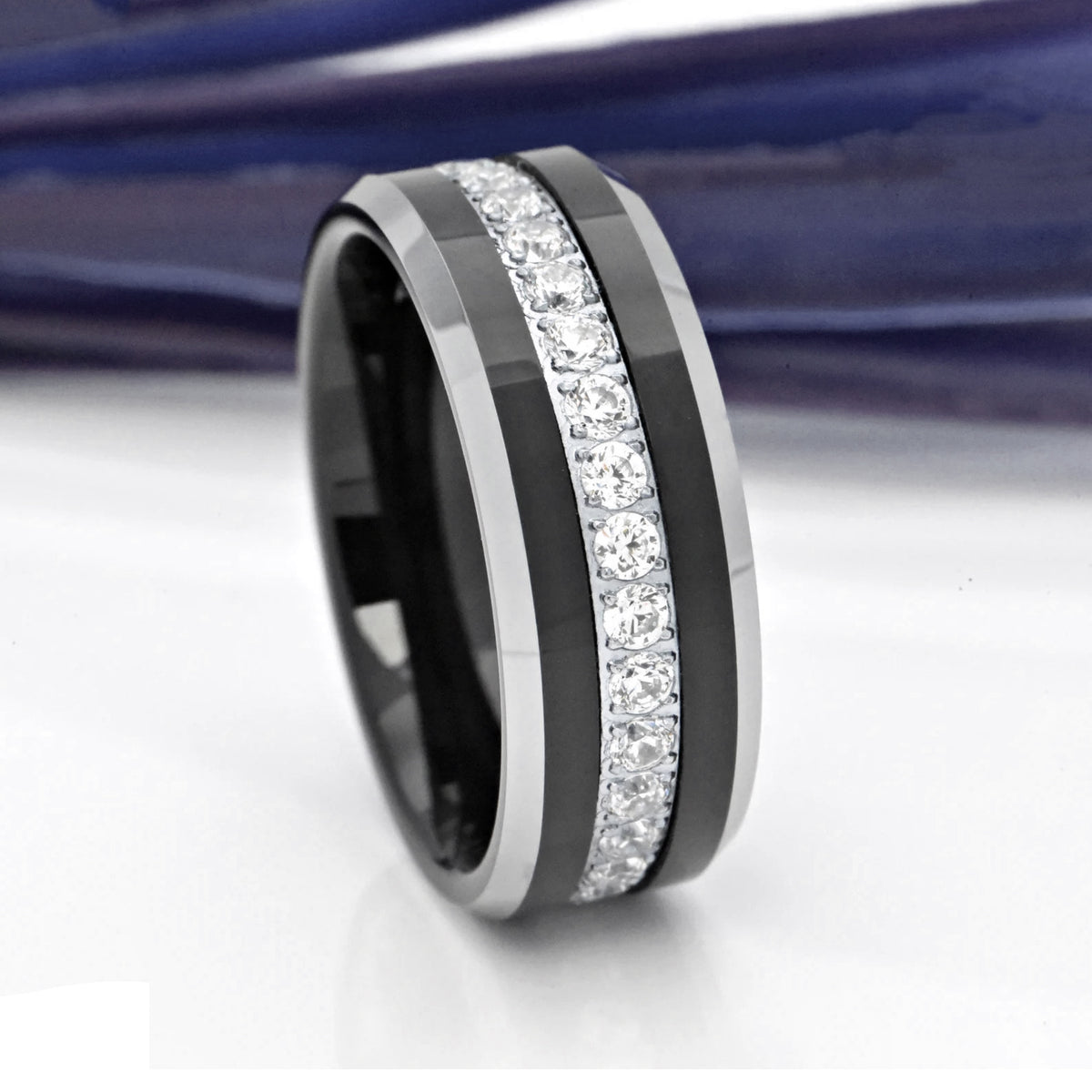 8MM - TUNGSTEN WEDDING BAND Polished Edges CUBIC ZIRCON BEVELED EDGE ...