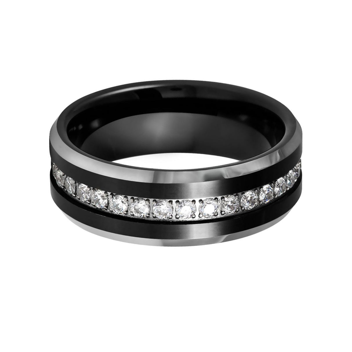 8MM - TUNGSTEN WEDDING BAND Polished Edges CUBIC ZIRCON BEVELED EDGE