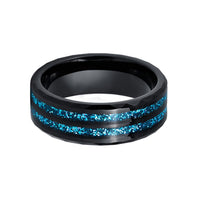 8mm- Black Tungsten wedding Ring W/ Double Barrel Blue Glitter Inlay Ring,