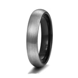 4mm Black Tungsten Carbide Wedding Band Silver Brushed Finish Dome Ring