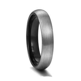 4mm Black Tungsten Carbide Wedding Band Silver Brushed Finish Dome Ring