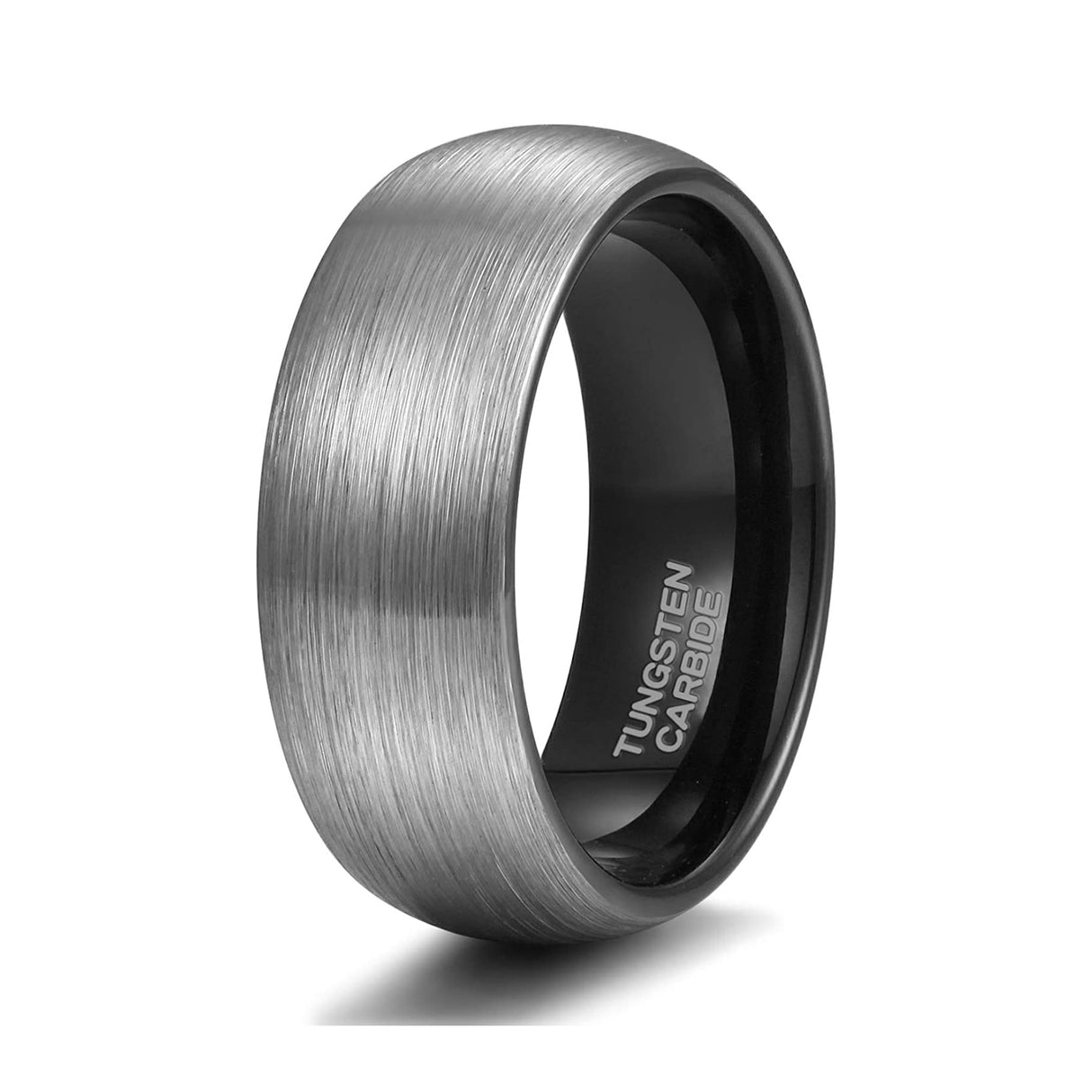 8mm Black Tungsten Carbide Wedding Band Silver Brushed Finish Dome Ring