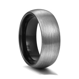 8mm Black Tungsten Carbide Wedding Band Silver Brushed Finish Dome Ring