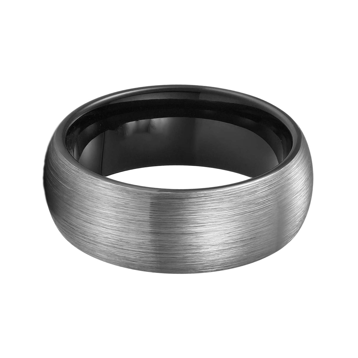 8mm Black Tungsten Carbide Wedding Band Silver Brushed Finish Dome Ring