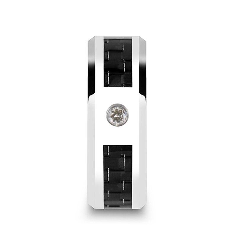 8mm Tungsten Carbide Wedding Ring with Black Carbon Fiber & White Diamond