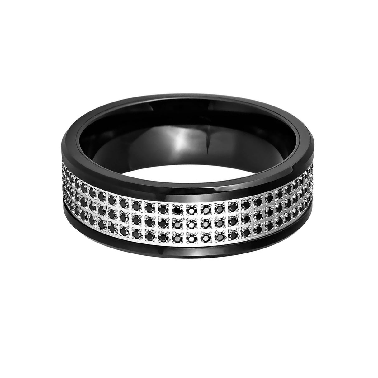 8mm - Tungsten Carbide Ring with 3 Rows of Black Sapphires