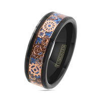8-mm Tungsten Ring Rose Gold Steampunk Clockwork Gears On Dazzling Royal Blue Faux Carbon Fiber Inlay.