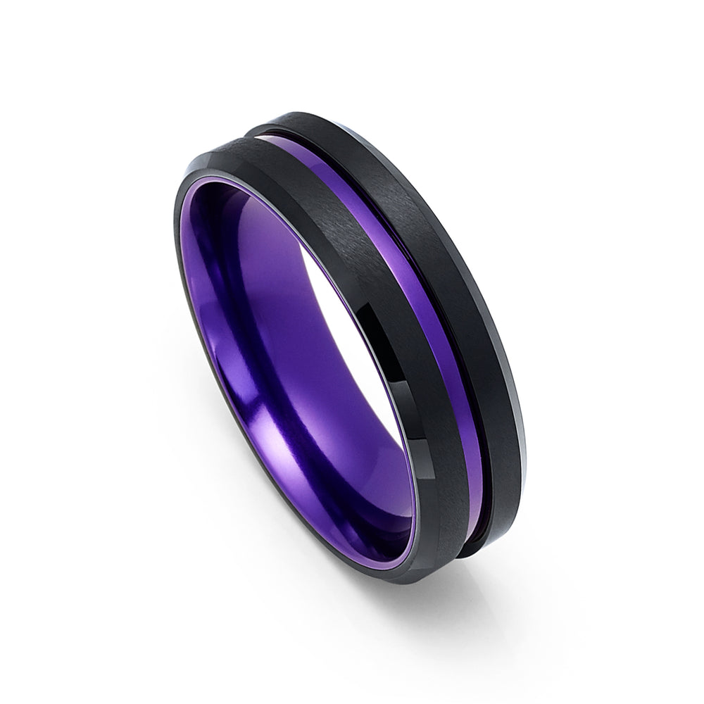 6mm - Black & Purple Tungsten Ring Matte Finish Beveled Edges Wedding Band Purple Inlay