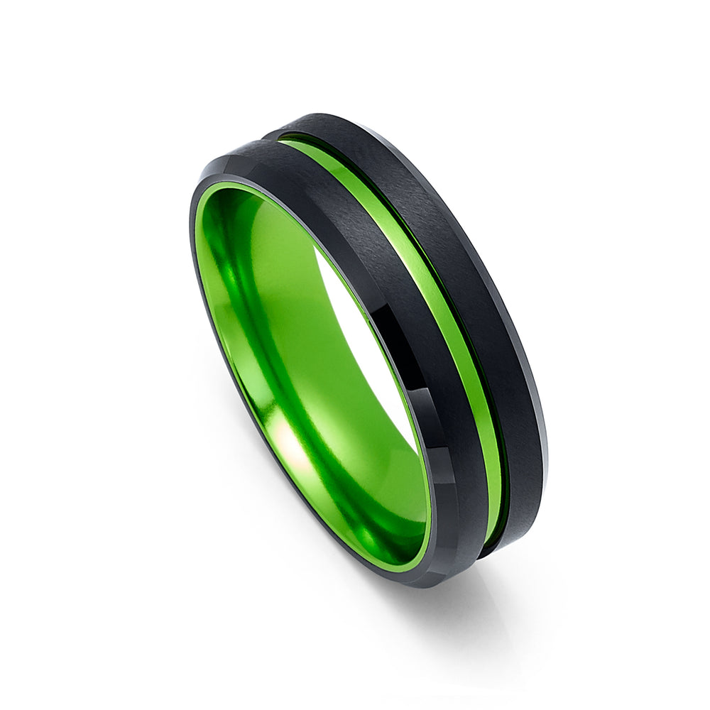 6MM - BLACK GREEN TUNGSTEN CARBIDE RING - GROOVED BEVELED EDGES - WEDDING BAND