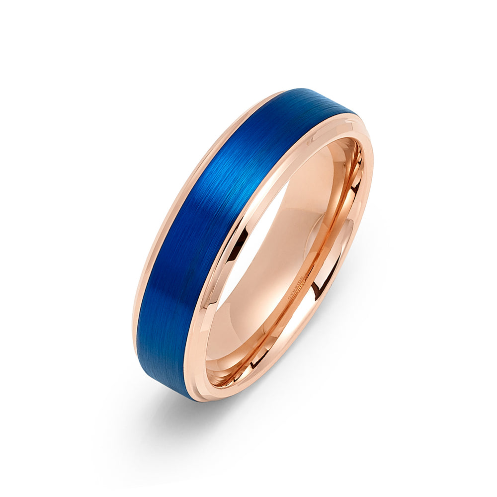 6mm - Tungsten Carbide Ring, Rose Gold and Blue, Brushed Wedding Band. Mens and Womens