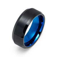 8mm - Tungsten Black & Blue Ring, Brushed Finished, Beveled Edges
