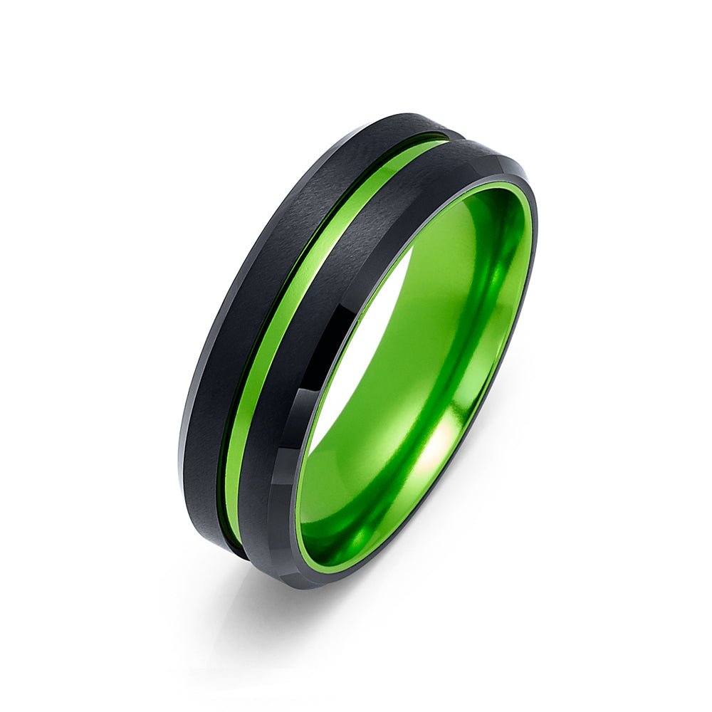 6MM - BLACK GREEN TUNGSTEN CARBIDE RING - GROOVED BEVELED EDGES - WEDDING BAND
