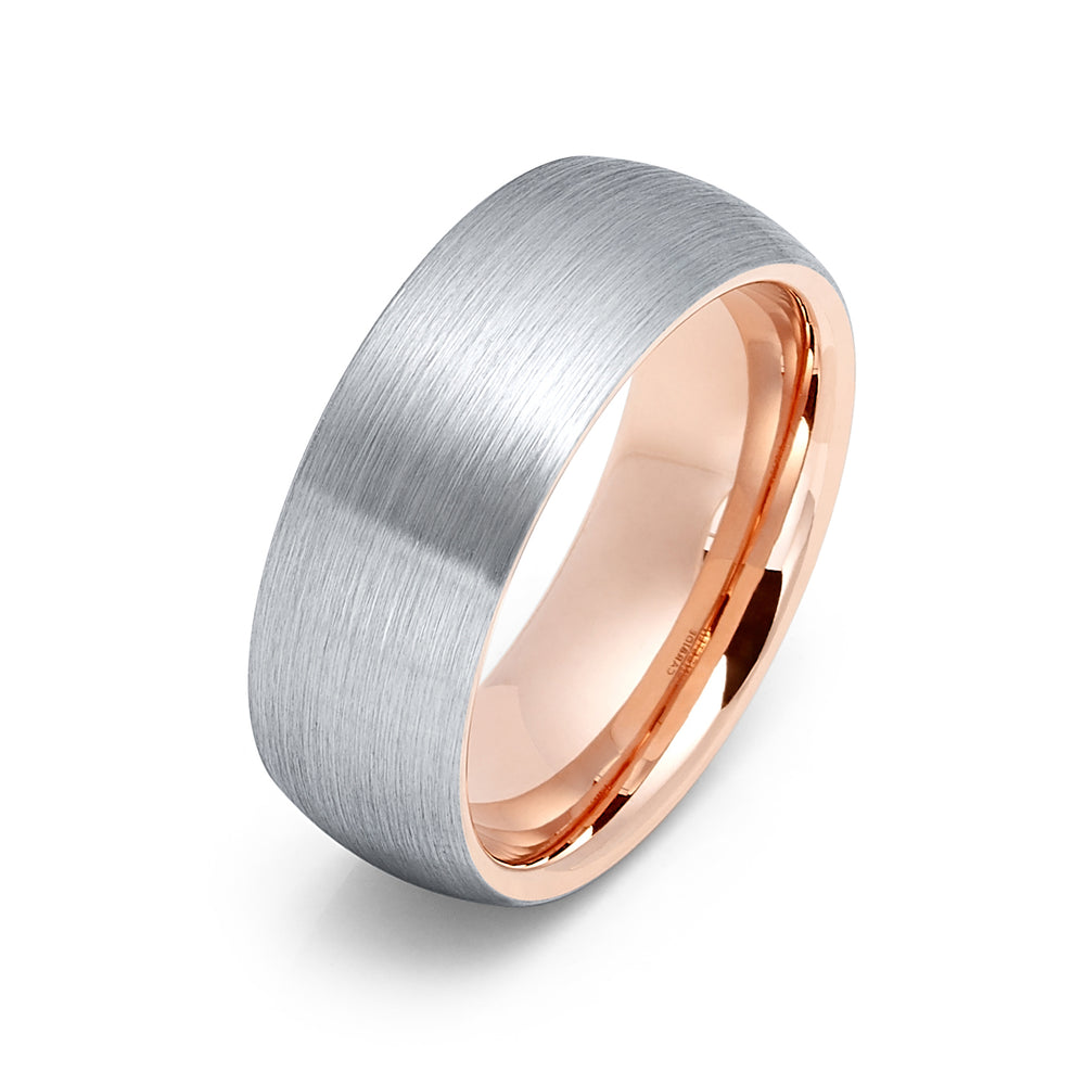 8mm - Mens Tungsten Wedding Band, Brushed Silver w/ Rose Gold Comfort fit, Rose Gold Ring - 8mm