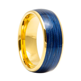 8mm - Dome Shape with Rolled Blue Wire Inlay Gold And Blue Tungsten Band