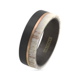 8mm- Brushed Finish Black Tungsten W/Raw Edge White Deer Antler Off-Center Rose Gold Stripe.