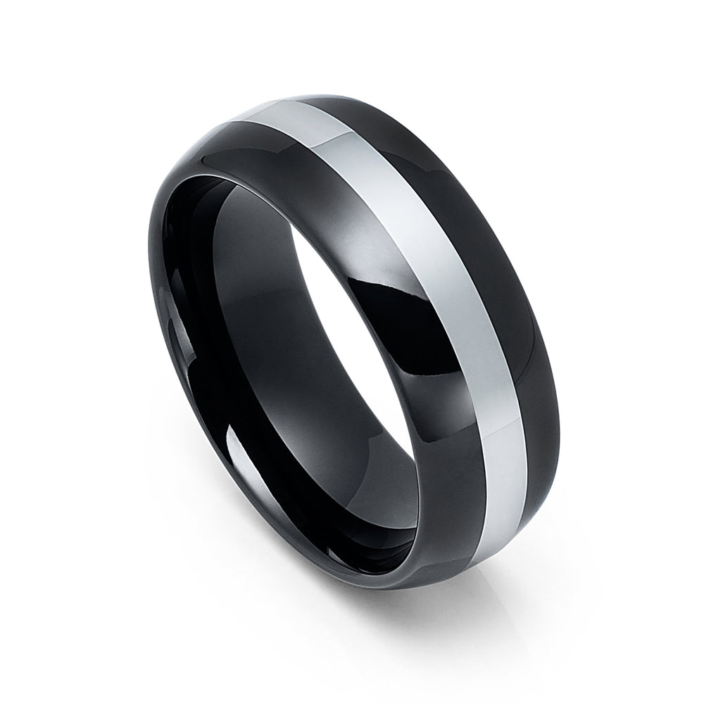 8mm Black Tungsten Carbide Wedding Band with Silver Brushed Center Dome Ring