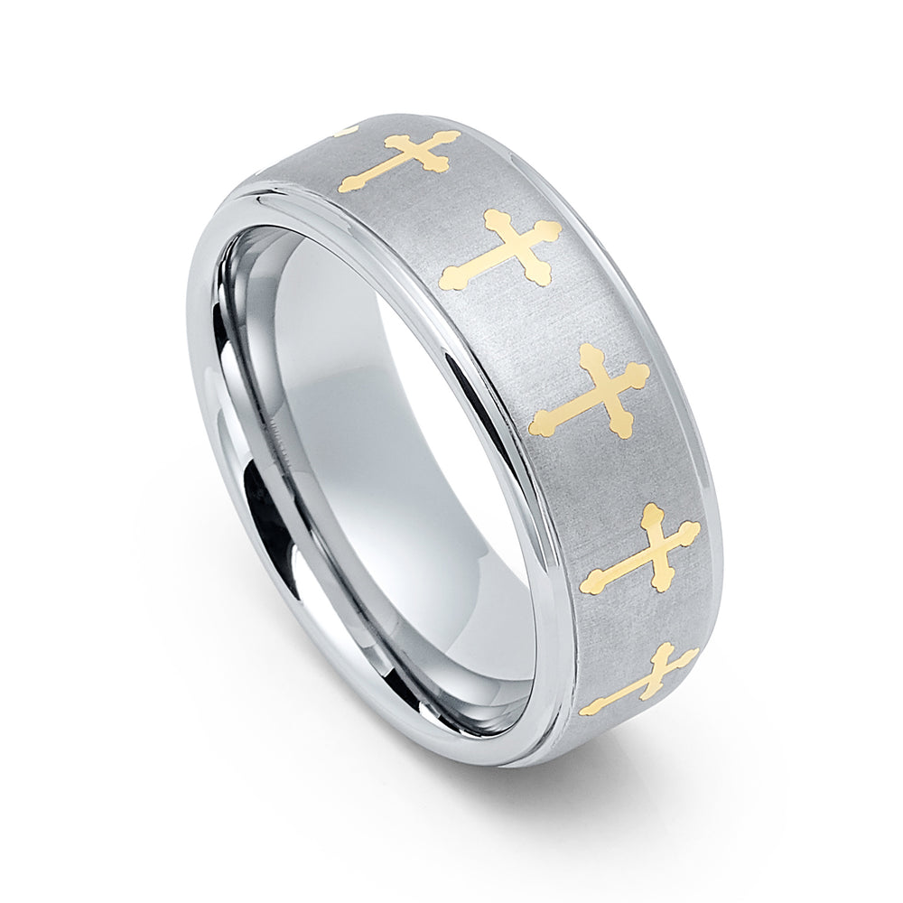 8mm - Silver Tungsten Wedding Ring, Gold Cross Ring, Stepped Edges