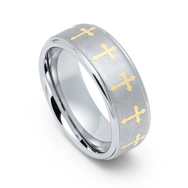 8mm - Silver Tungsten Wedding Ring, Gold Cross Ring, Stepped Edges