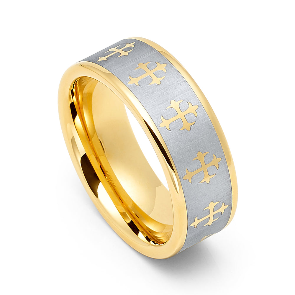 8mm - Gold Tungsten Wedding Ring, Gold Cross Ring, Brushed Center,