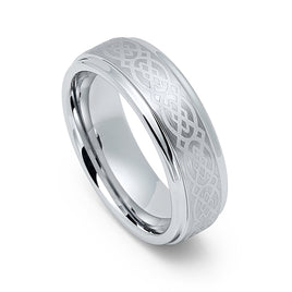 7mm - Silver Tungsten Wedding Ring, Celtic Ring, Brushed Center Celtic Knot Pattern
