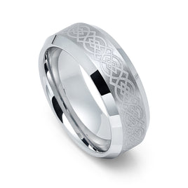 8mm - Silver Tungsten Wedding Ring, Celtic Ring, Brushed Center Celtic Knot Pattern