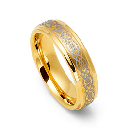 6mm - 14K Gold Tungsten Wedding Ring, Gold Celtic Ring, High Polish Celtic Knot Pattern