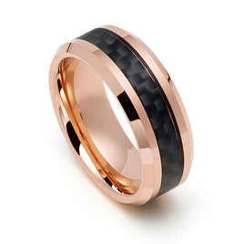 8MM Rose Gold TUNGSTEN Carbide RING WITH Black CARBON FIBER INLAY