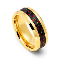 8MM Gold TUNGSTEN Carbide RING WITH Red CARBON FIBER INLAY
