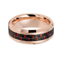 8MM Rose Gold TUNGSTEN Carbide RING WITH Red CARBON FIBER INLAY