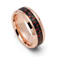8MM Rose Gold TUNGSTEN Carbide RING WITH Red CARBON FIBER INLAY