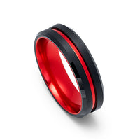 6mm - Black & Red Brush Matte Finish Tungsten Carbide Ring Beveled Edge Red Inlay Wedding Band
