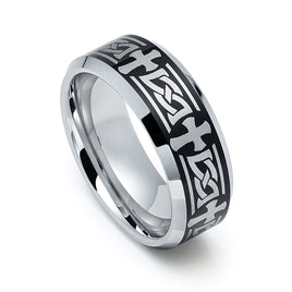 8mm - Silver Tungsten Wedding ring, Celtic Cross Ring, Beveled Edges