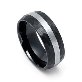 8mm Black Hammered Tungsten Carbide Wedding Band with Silver Brushed Center