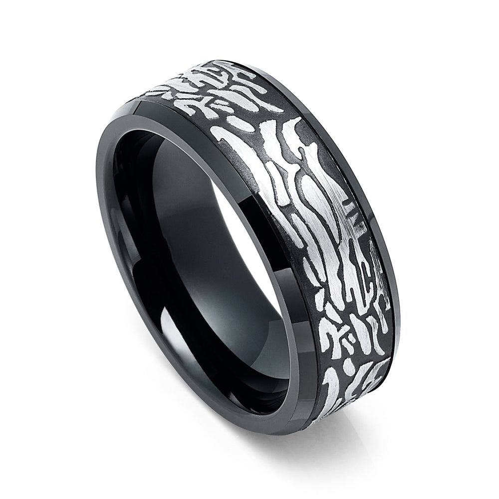 8mm Black Tungsten Carbide Wedding Band with Silver Laser Carved Rock Art