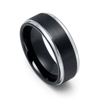 8mm Black Tungsten Wedding Band, Black Brushed Center w/ Silver Stepped Edges