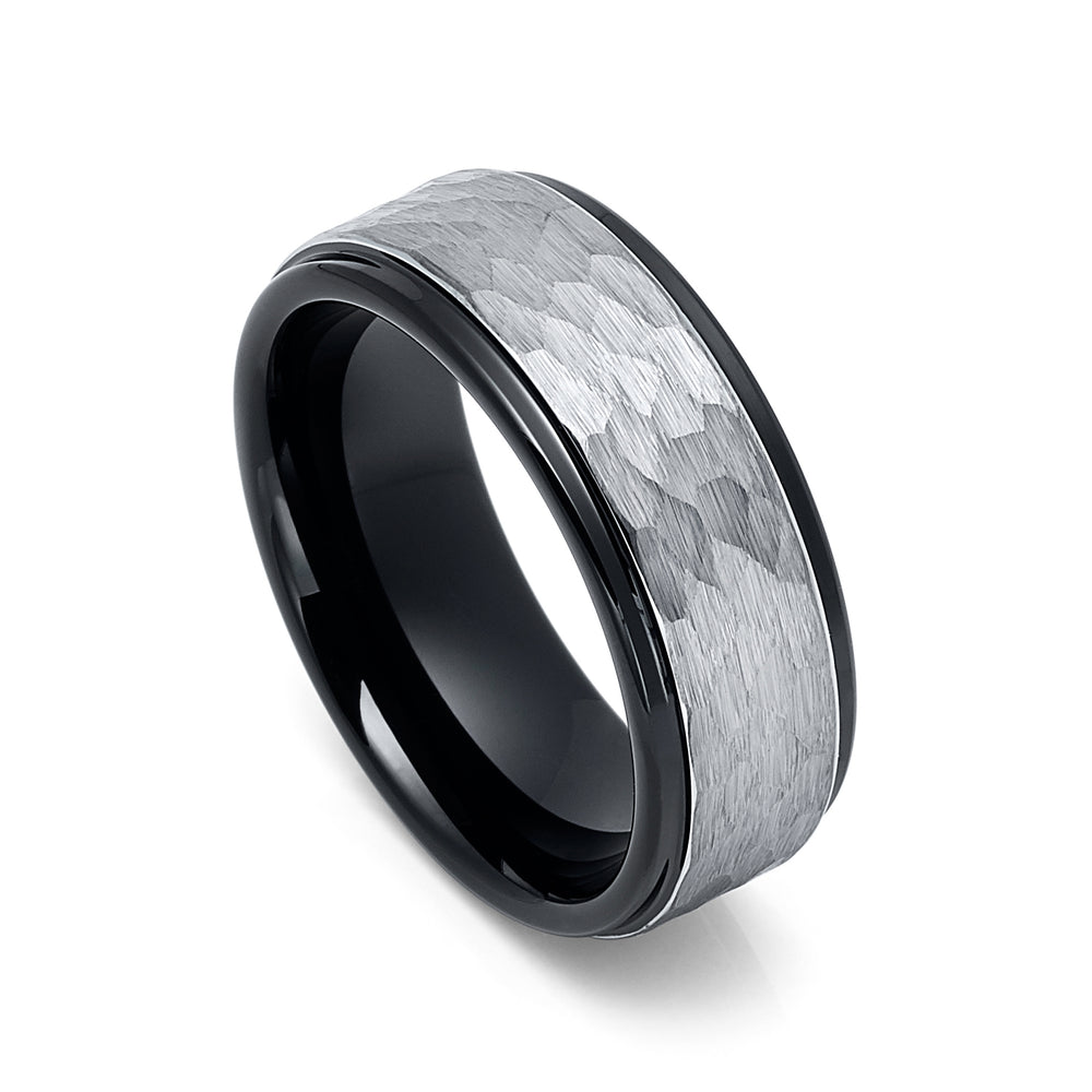 8MM BLACK TUNGSTEN WEDDING BAND, SILVER HAMMERED BRUSHED CENTER