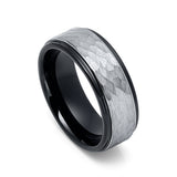 8MM BLACK TUNGSTEN WEDDING BAND, SILVER HAMMERED BRUSHED CENTER