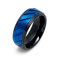 8mm Blue and Black Grooved Tungsten Carbide Wedding Band