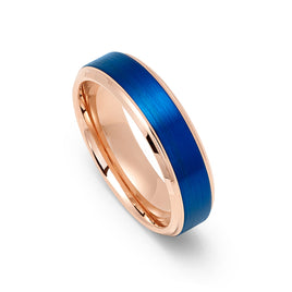 6mm - Tungsten Carbide Ring, Rose Gold and Blue, Brushed Wedding Band. Mens and Womens