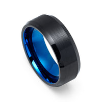 8mm - Tungsten Black & Blue Ring, Brushed Finished, Beveled Edges