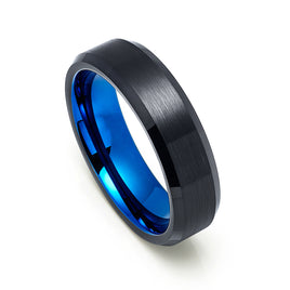 6mm - Tungsten Black & Blue Ring, Brushed Finished, Beveled Edges