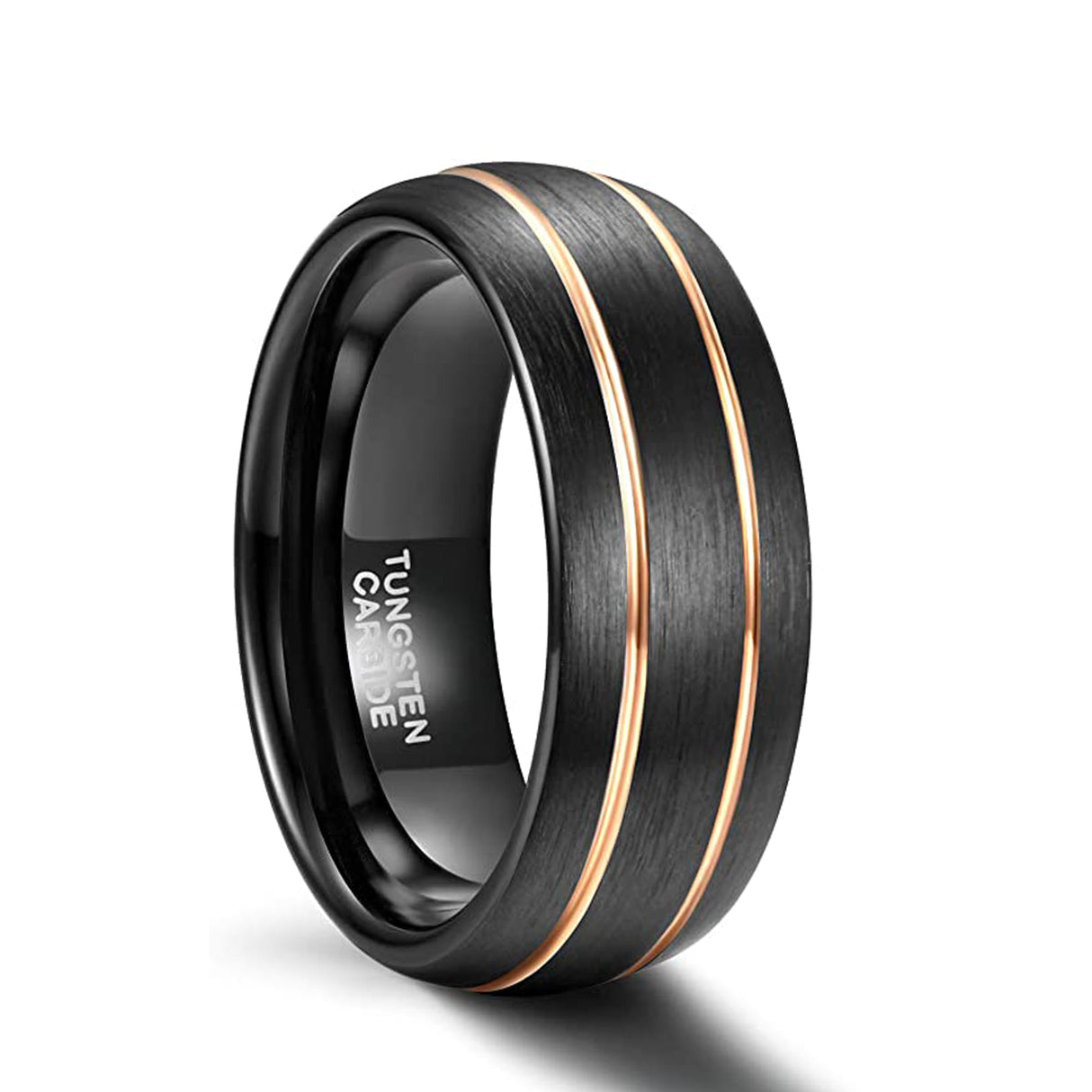 8mm - Black Tungsten Ring Rose Gold Thin Groove Line Dome Brushed Comfort Fit