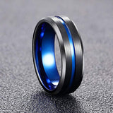 8mm - Black Blue Tungsten Carbide Ring - Grooved Beveled Edges - Wedding Band