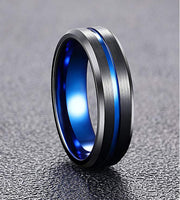 6mm - Black Blue Tungsten Carbide Ring - Grooved Beveled Edges - Wedding Band